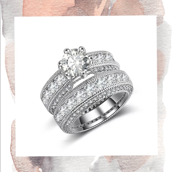 925 SILVER 2 RING WEDDING ENGAGEMENT RING SET - Picture 4 of 4